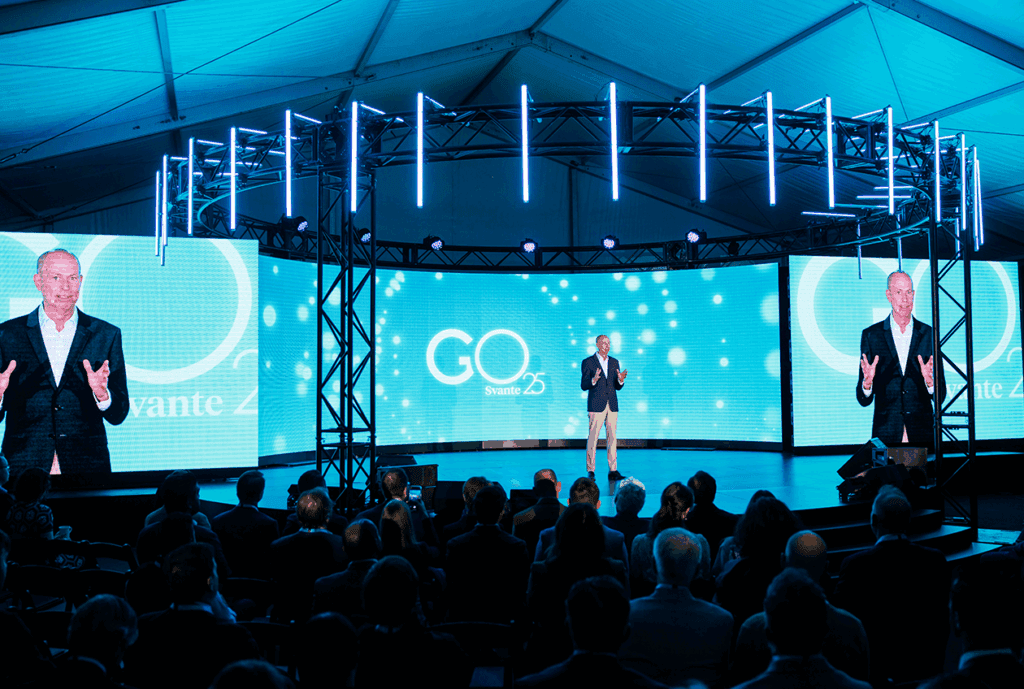 Claude Letourneau, Svate's President & CEO speaking on stage at the company's Grand Opening 2025 (GO25) of "The Centre of Excellence for Carbon Capture & Removal".