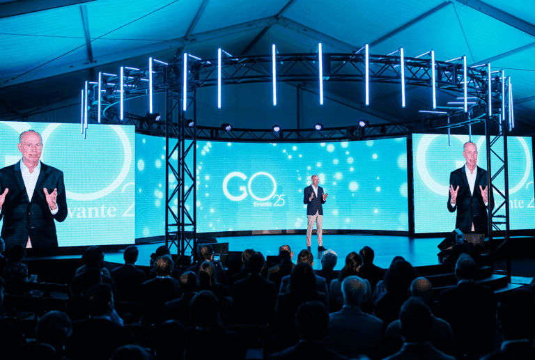 Claude Letourneau, Svate's President & CEO speaking on stage at the company's Grand Opening 2025 (GO25) of "The Centre of Excellence for Carbon Capture & Removal".