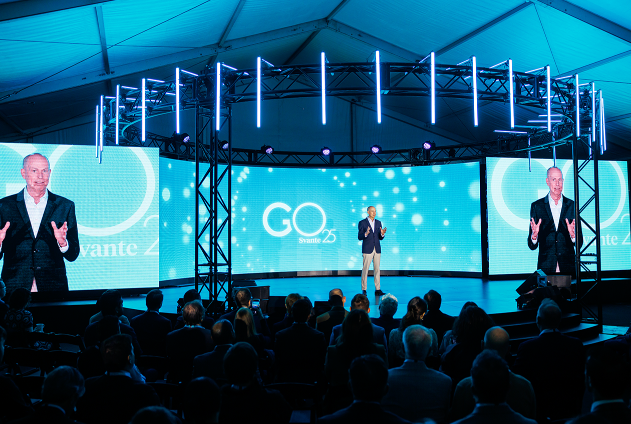 Claude Letourneau, Svate's President & CEO speaking on stage at the company's Grand Opening 2025 (GO25) of "The Centre of Excellence for Carbon Capture & Removal".